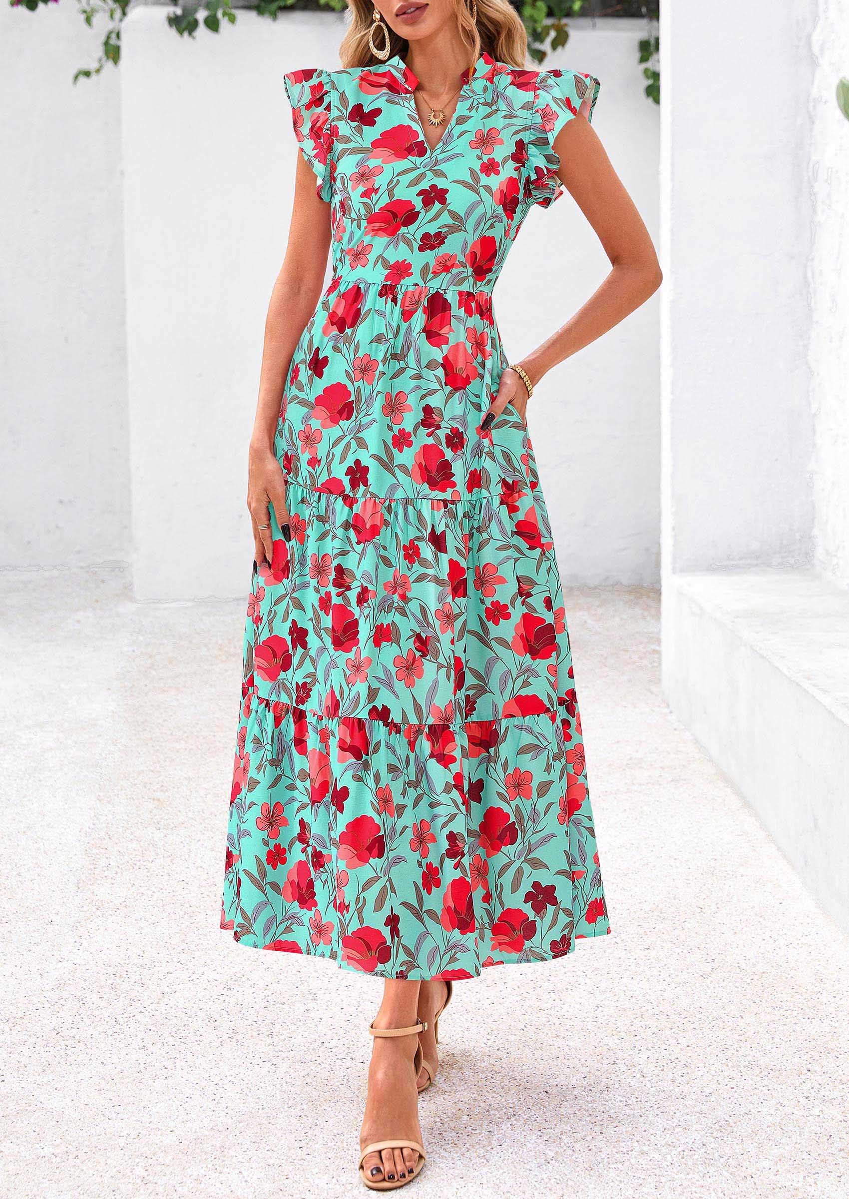 PRETTYGARDEN Women's Summer Floral Midi Dress Cap Sleeve V Neck Ruffle Long Flowy Boho Casual Beach Vacation Dresses