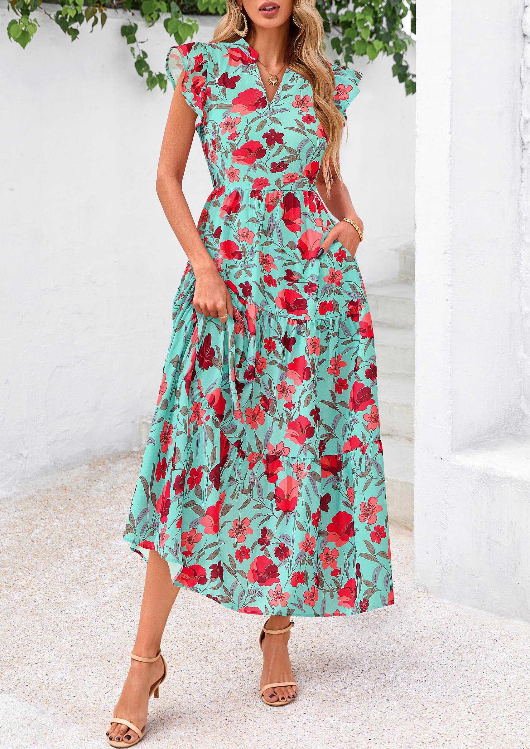 PRETTYGARDEN Women's Summer Floral Midi Dress Cap Sleeve V Neck Ruffle Long Flowy Boho Casual Beach Vacation Dresses