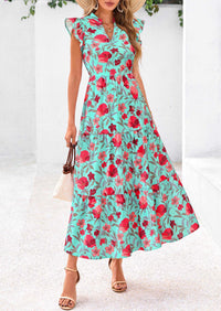 PRETTYGARDEN Women's Summer Floral Midi Dress Cap Sleeve V Neck Ruffle Long Flowy Boho Casual Beach Vacation Dresses