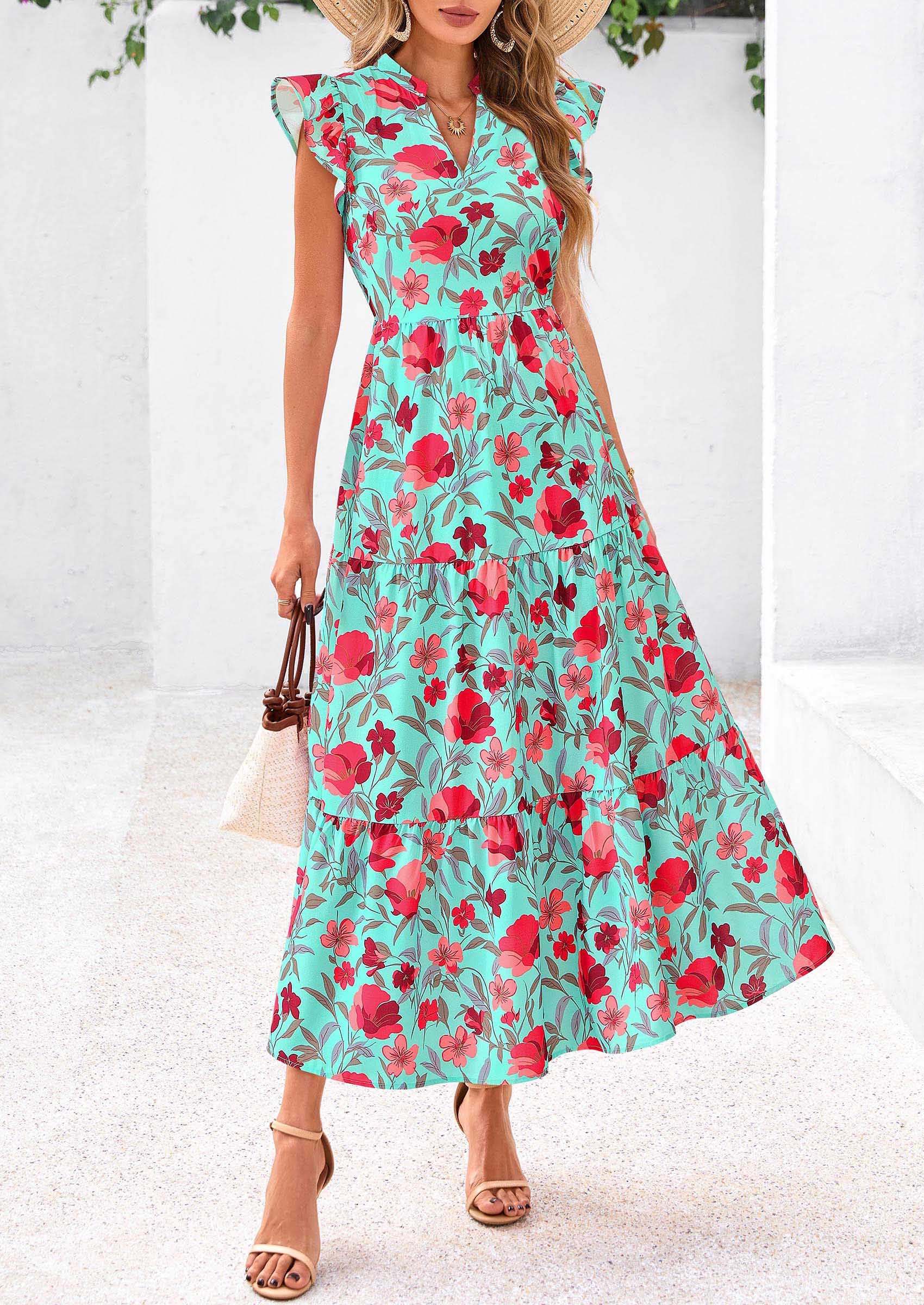 PRETTYGARDEN Women's Summer Floral Midi Dress Cap Sleeve V Neck Ruffle Long Flowy Boho Casual Beach Vacation Dresses