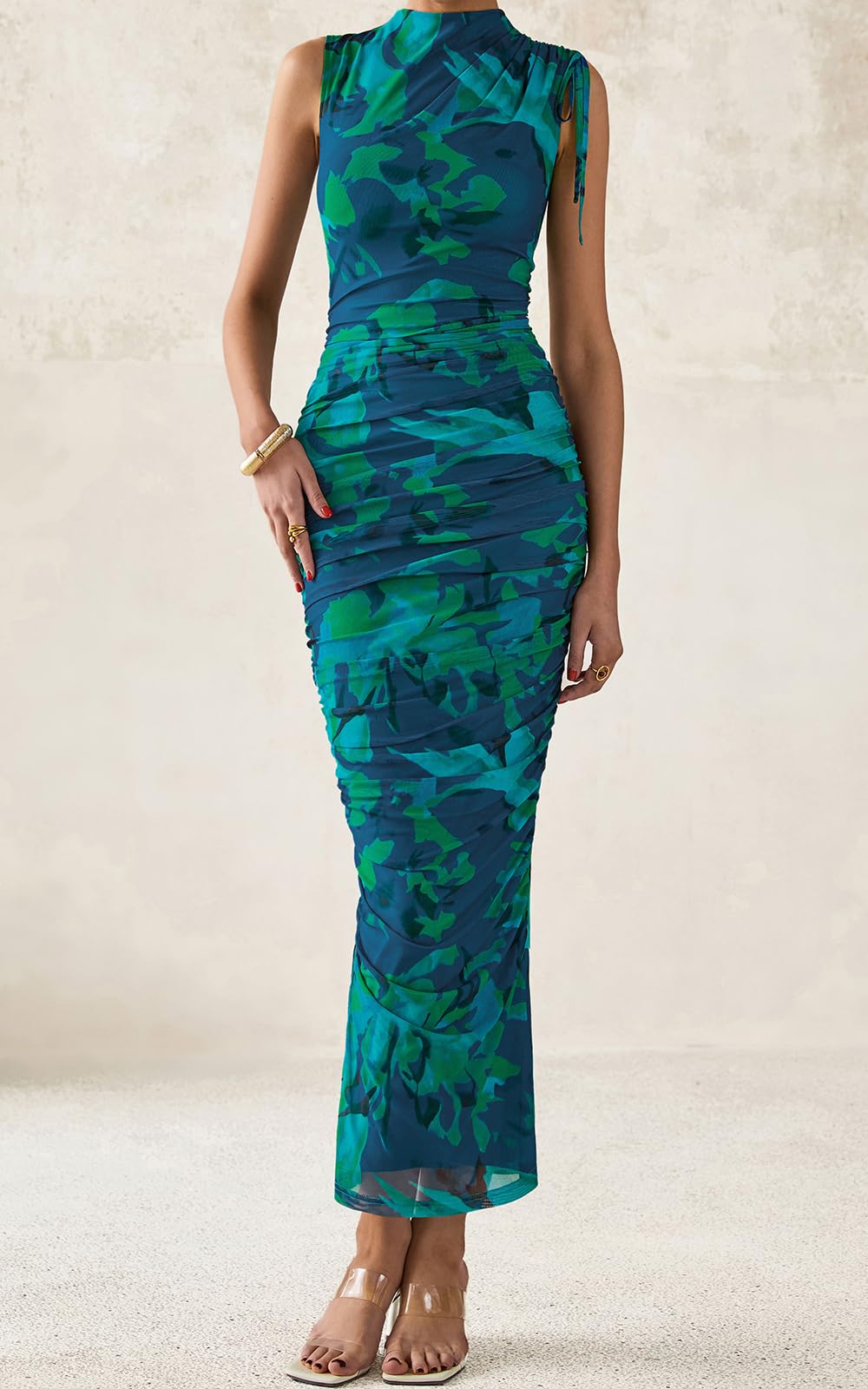 PRETTYGARDEN Women's Summer Maxi Floral Dresses Ruched Bodycon Sleeveless Mesh Formal Wedding Guest Cocktail Split Long Dress PRETTYGARDEN