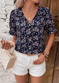 PRETTYGARDEN Womens Boho Tops Summer V Neck Puff Sleeve Casual Button Down Ruffle Floral Blouses Shirts Work Clothes PRETTYGARDEN