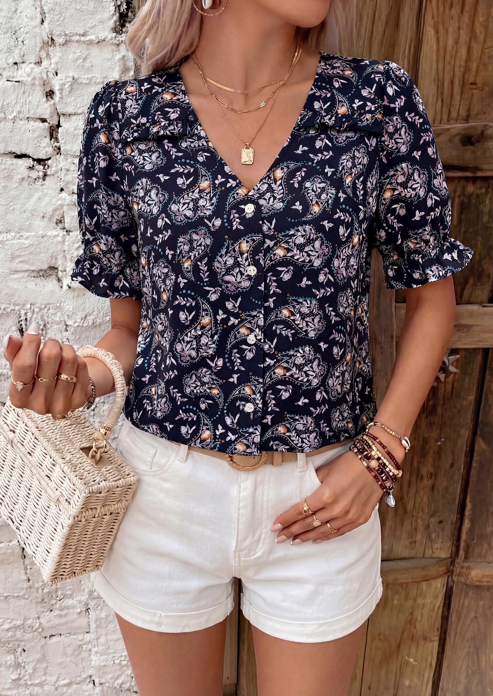 PRETTYGARDEN Womens Boho Tops Summer V Neck Puff Sleeve Casual Button Down Ruffle Floral Blouses Shirts Work Clothes PRETTYGARDEN