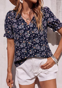 PRETTYGARDEN Womens Boho Tops Summer V Neck Puff Sleeve Casual Button Down Ruffle Floral Blouses Shirts Work Clothes PRETTYGARDEN