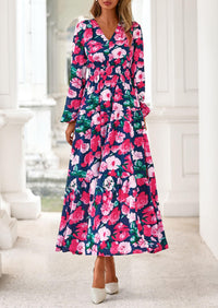 PRETTYGARDEN Long Sleeve Maxi Fall Dresses for Women Vneck Smocked Boho Floral Tiered Swing Flowy Wedding Guest Dress