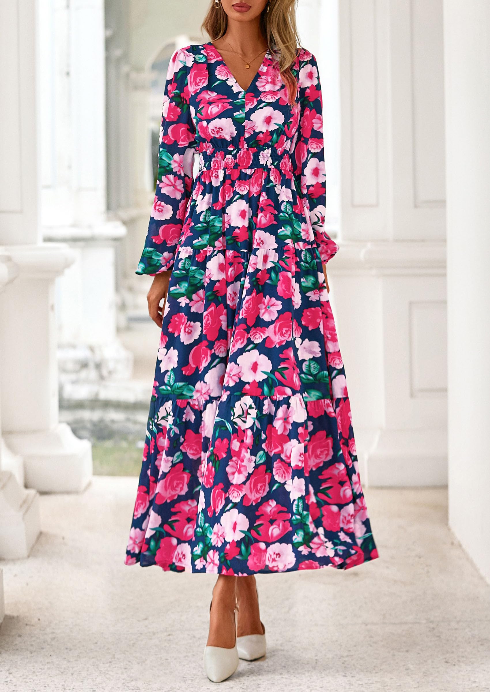 PRETTYGARDEN Long Sleeve Maxi Fall Dresses for Women Vneck Smocked Boho Floral Tiered Swing Flowy Wedding Guest Dress