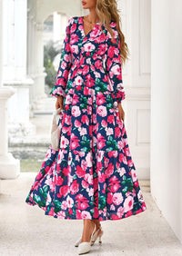 PRETTYGARDEN Long Sleeve Maxi Fall Dresses for Women Vneck Smocked Boho Floral Tiered Swing Flowy Wedding Guest Dress