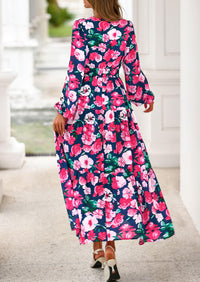 PRETTYGARDEN Long Sleeve Maxi Fall Dresses for Women Vneck Smocked Boho Floral Tiered Swing Flowy Wedding Guest Dress