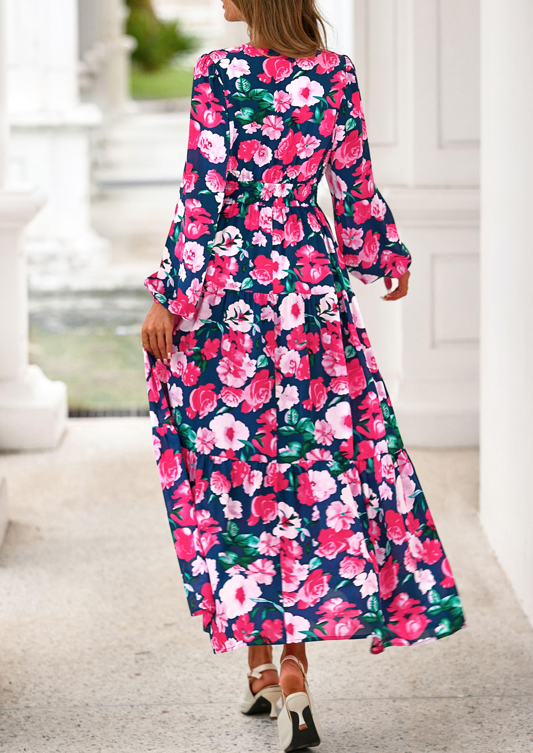 PRETTYGARDEN Long Sleeve Maxi Fall Dresses for Women Vneck Smocked Boho Floral Tiered Swing Flowy Wedding Guest Dress