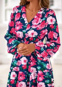 PRETTYGARDEN Long Sleeve Maxi Fall Dresses for Women Vneck Smocked Boho Floral Tiered Swing Flowy Wedding Guest Dress