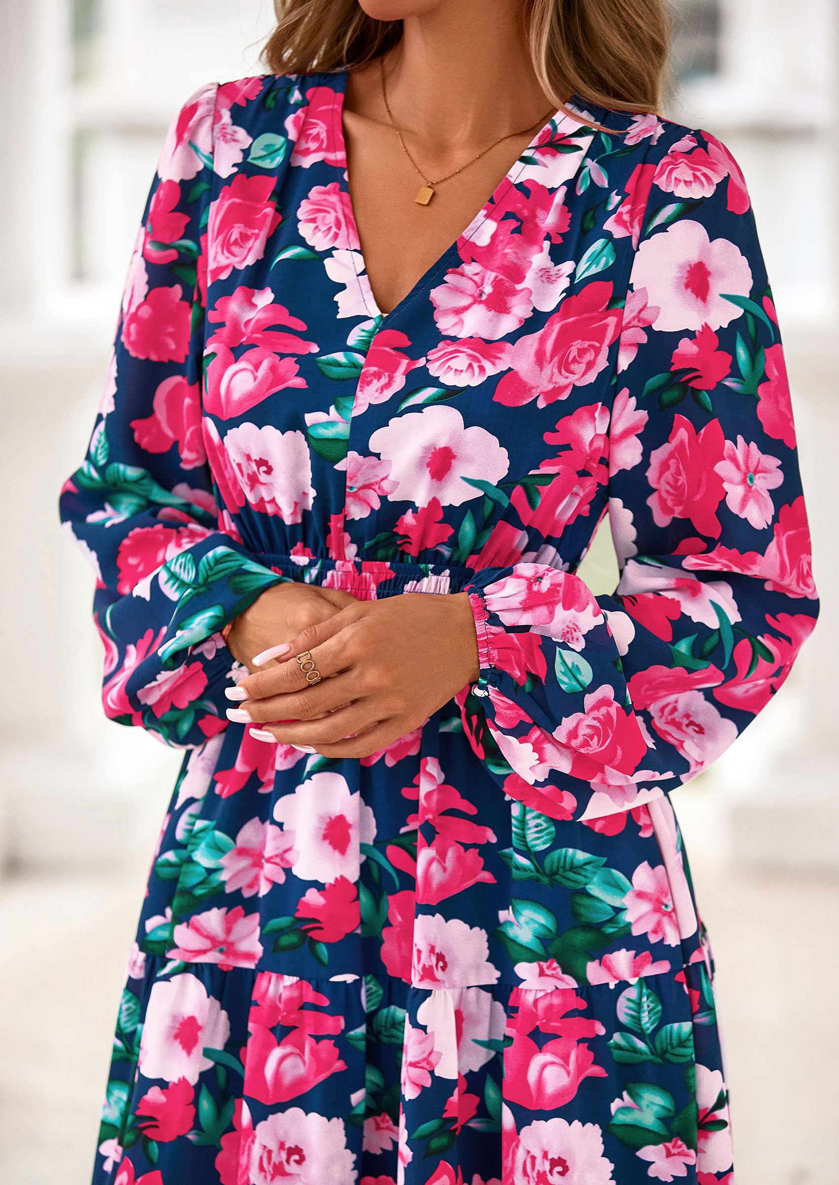 PRETTYGARDEN Long Sleeve Maxi Fall Dresses for Women Vneck Smocked Boho Floral Tiered Swing Flowy Wedding Guest Dress