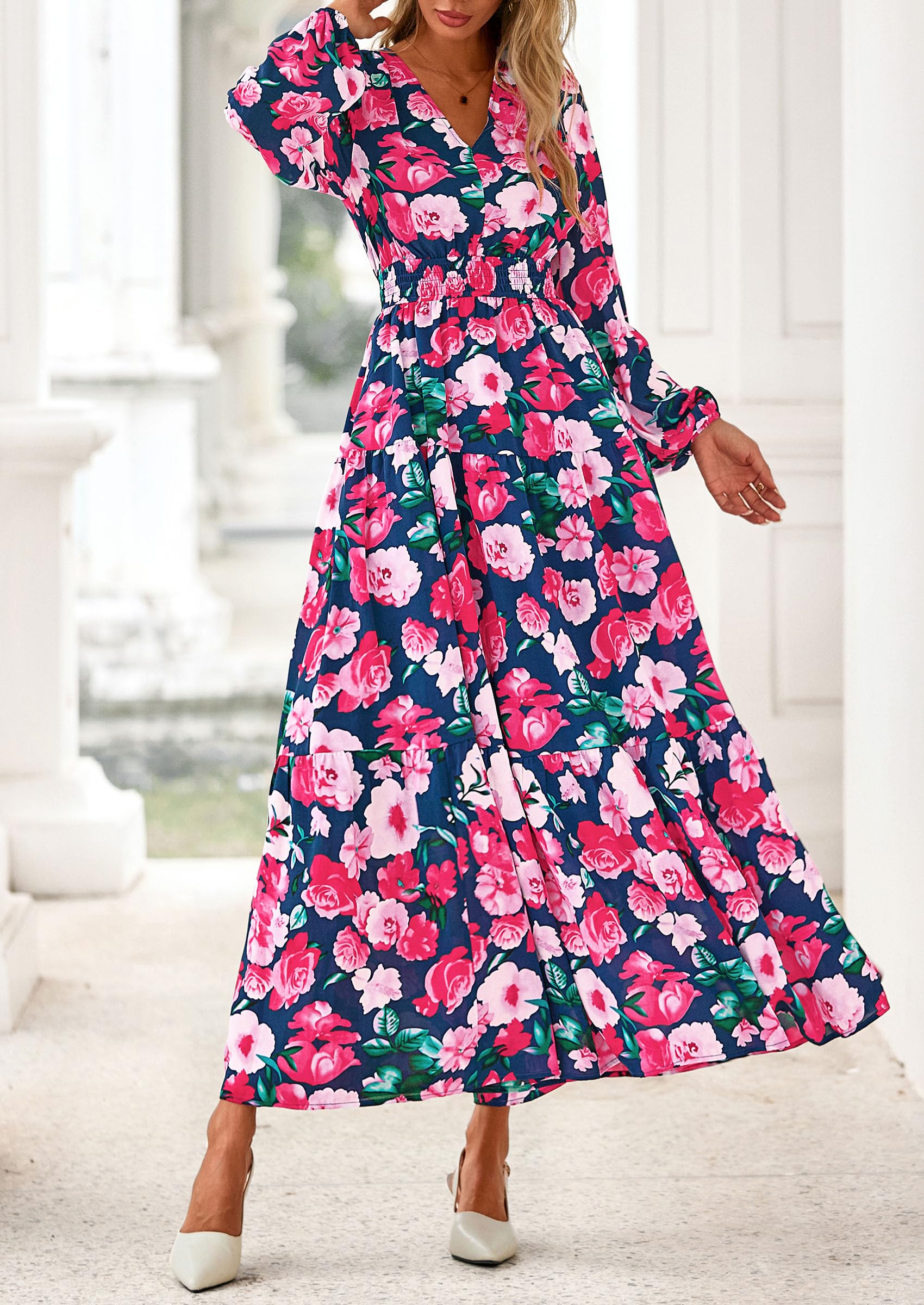 PRETTYGARDEN Long Sleeve Maxi Fall Dresses for Women Vneck Smocked Boho Floral Tiered Swing Flowy Wedding Guest Dress