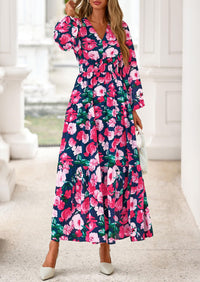 PRETTYGARDEN Long Sleeve Maxi Fall Dresses for Women Vneck Smocked Boho Floral Tiered Swing Flowy Wedding Guest Dress