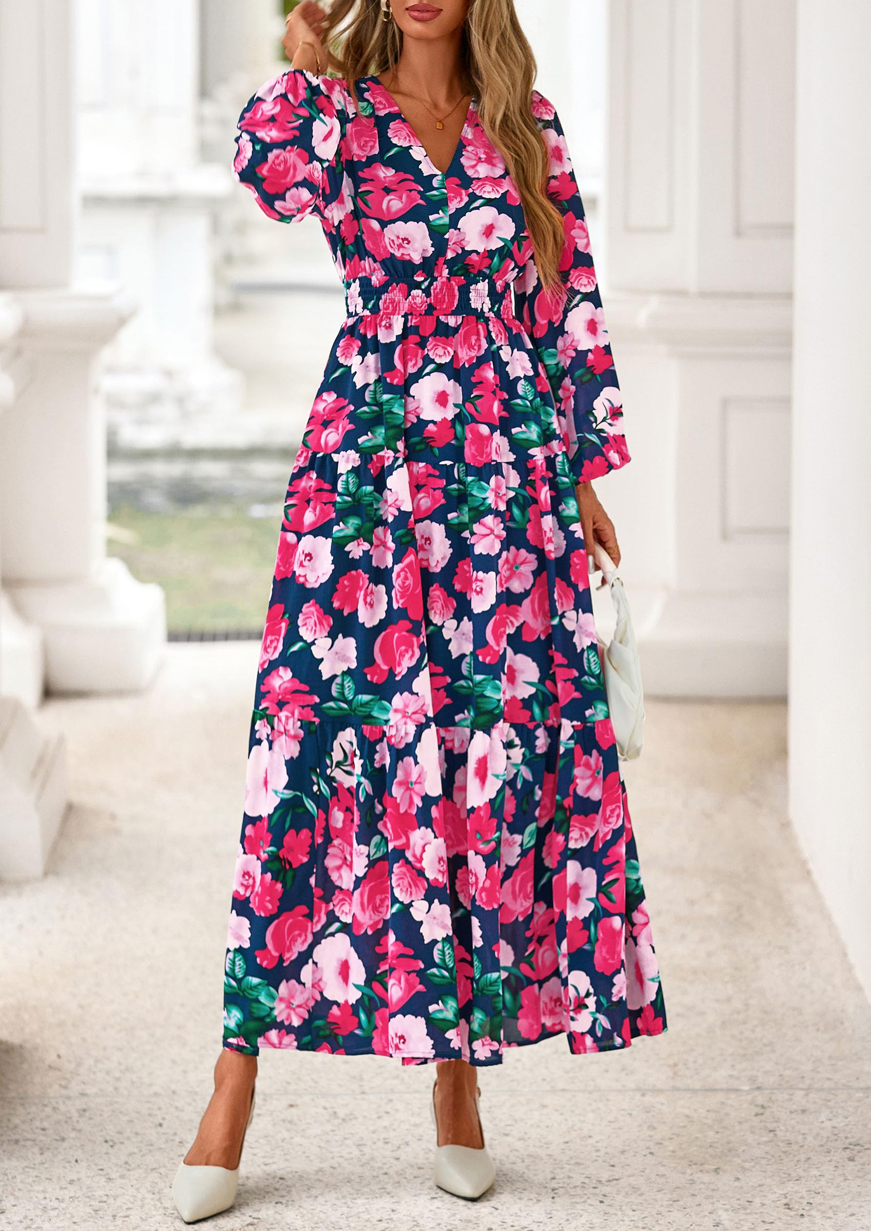 PRETTYGARDEN Long Sleeve Maxi Fall Dresses for Women Vneck Smocked Boho Floral Tiered Swing Flowy Wedding Guest Dress