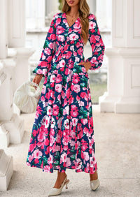 PRETTYGARDEN Long Sleeve Maxi Fall Dresses for Women Vneck Smocked Boho Floral Tiered Swing Flowy Wedding Guest Dress