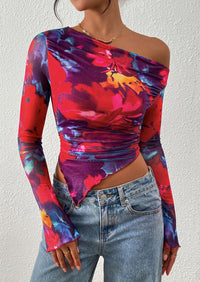 PRETTYGARDEN Womens Fall Trendy Off Shoulder Tops Tie Dye Mesh Long Sleeve Shirts Asymmetrical Ruched Floral Blouse