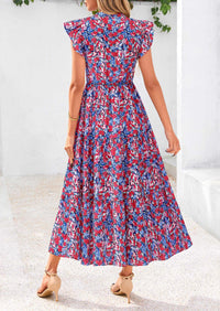 PRETTYGARDEN Women's Summer Floral Midi Dress Cap Sleeve V Neck Ruffle Long Flowy Boho Casual Beach Vacation Dresses