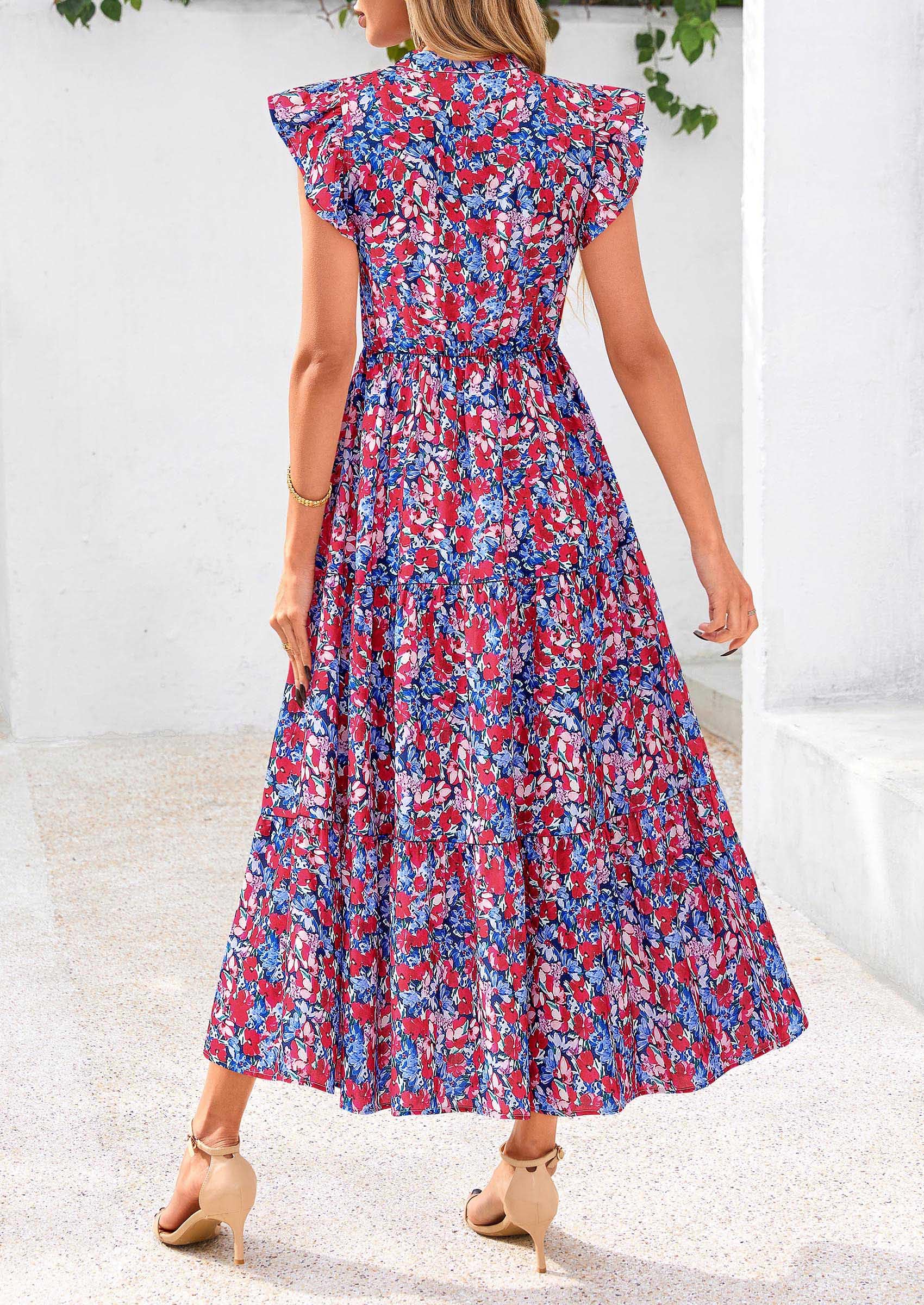 PRETTYGARDEN Women's Summer Floral Midi Dress Cap Sleeve V Neck Ruffle Long Flowy Boho Casual Beach Vacation Dresses