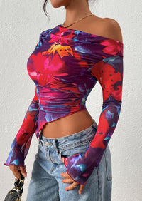 PRETTYGARDEN Womens Fall Trendy Off Shoulder Tops Tie Dye Mesh Long Sleeve Shirts Asymmetrical Ruched Floral Blouse