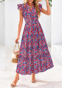 PRETTYGARDEN Women's Summer Floral Midi Dress Cap Sleeve V Neck Ruffle Long Flowy Boho Casual Beach Vacation Dresses