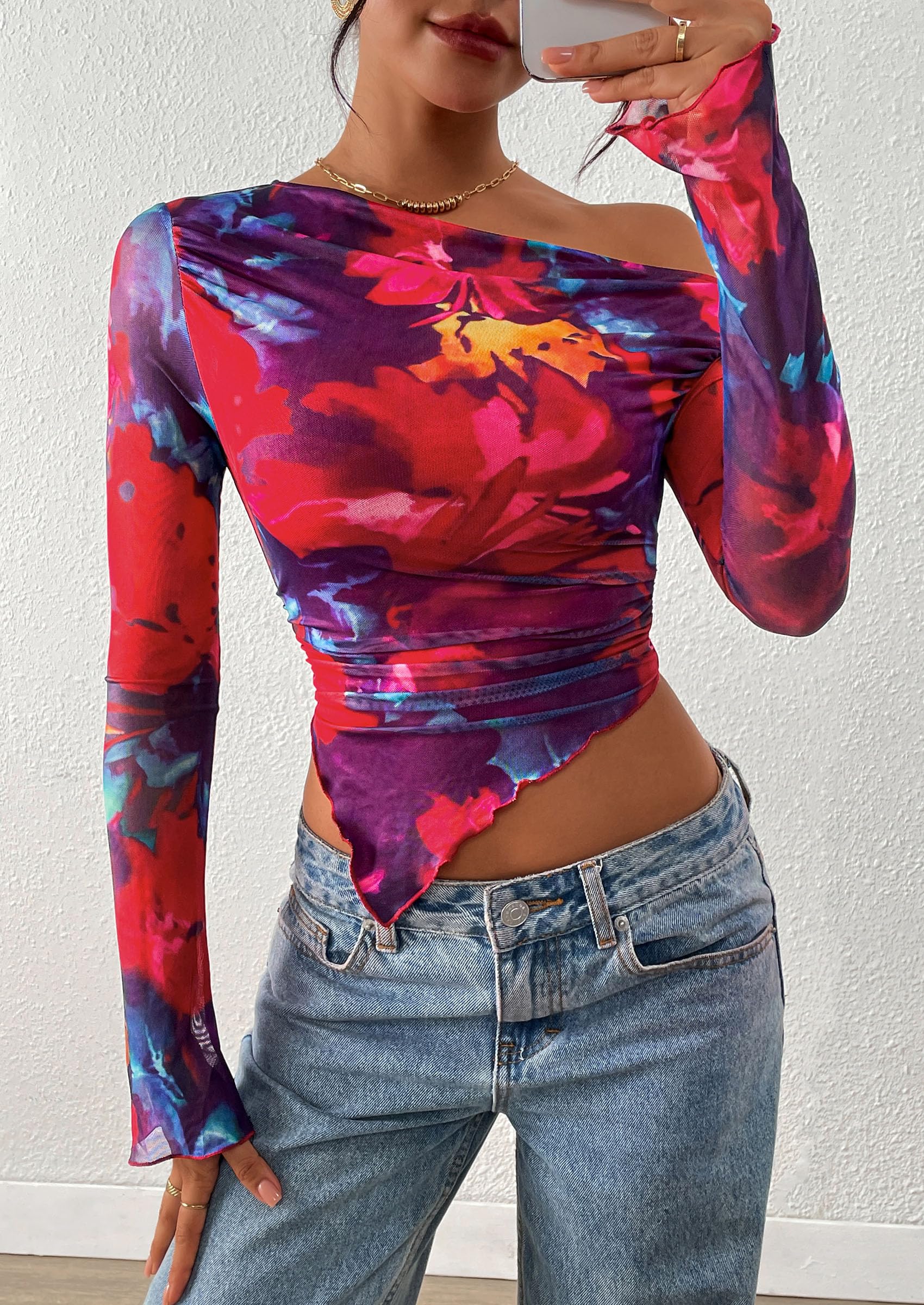 PRETTYGARDEN Womens Fall Trendy Off Shoulder Tops Tie Dye Mesh Long Sleeve Shirts Asymmetrical Ruched Floral Blouse