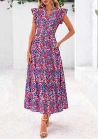 PRETTYGARDEN Women's Summer Floral Midi Dress Cap Sleeve V Neck Ruffle Long Flowy Boho Casual Beach Vacation Dresses