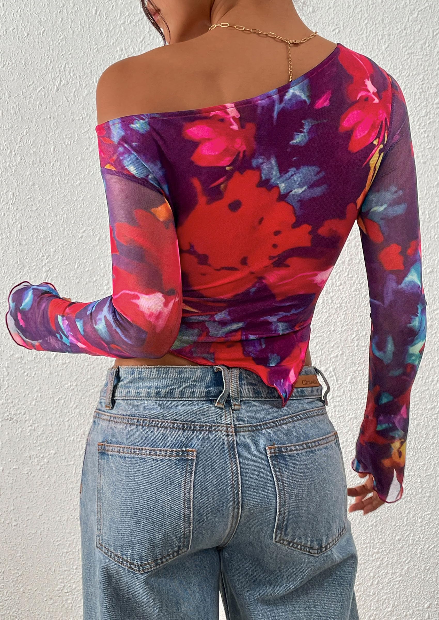 PRETTYGARDEN Womens Fall Trendy Off Shoulder Tops Tie Dye Mesh Long Sleeve Shirts Asymmetrical Ruched Floral Blouse