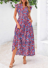 PRETTYGARDEN Women's Summer Floral Midi Dress Cap Sleeve V Neck Ruffle Long Flowy Boho Casual Beach Vacation Dresses