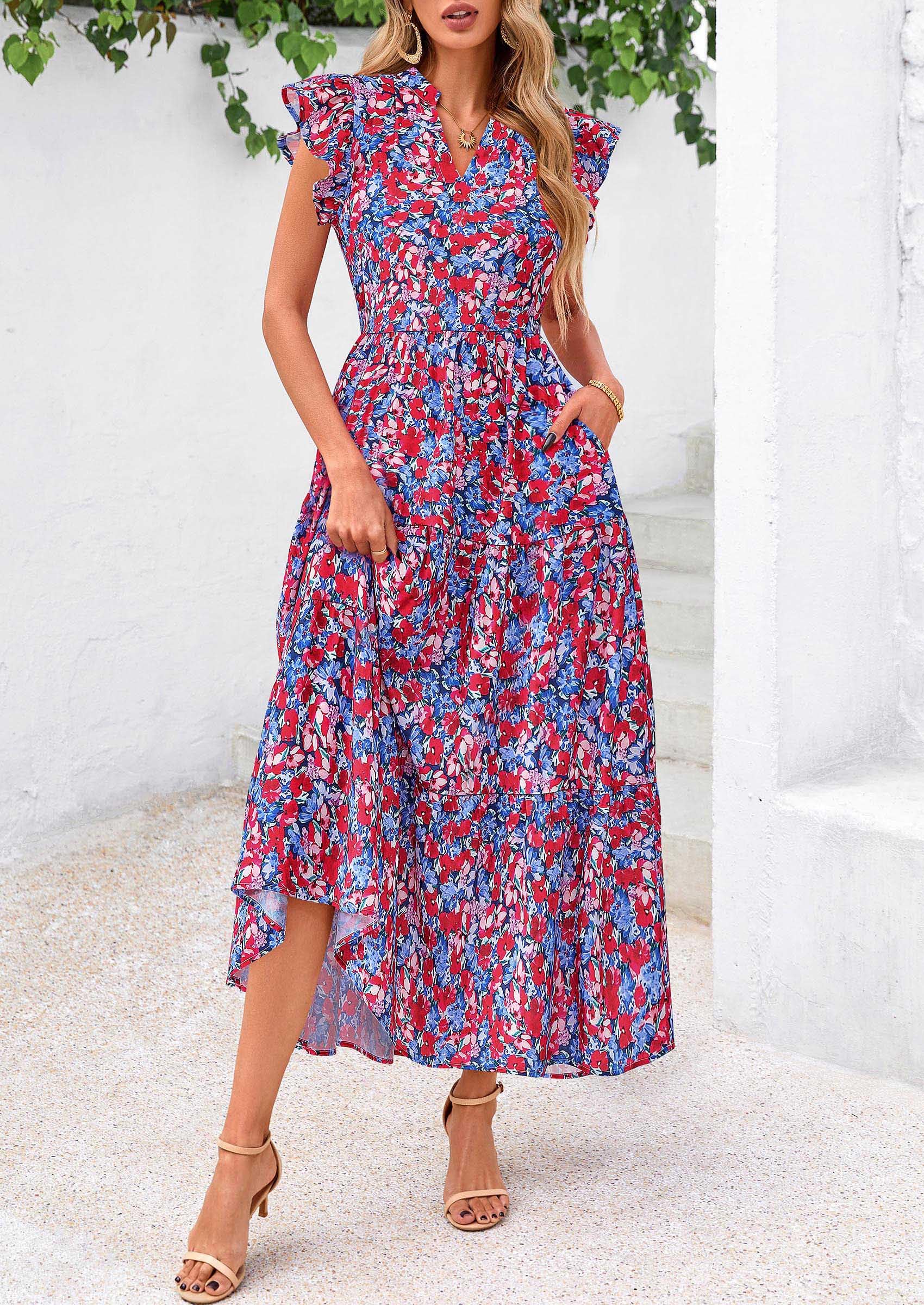 PRETTYGARDEN Women's Summer Floral Midi Dress Cap Sleeve V Neck Ruffle Long Flowy Boho Casual Beach Vacation Dresses