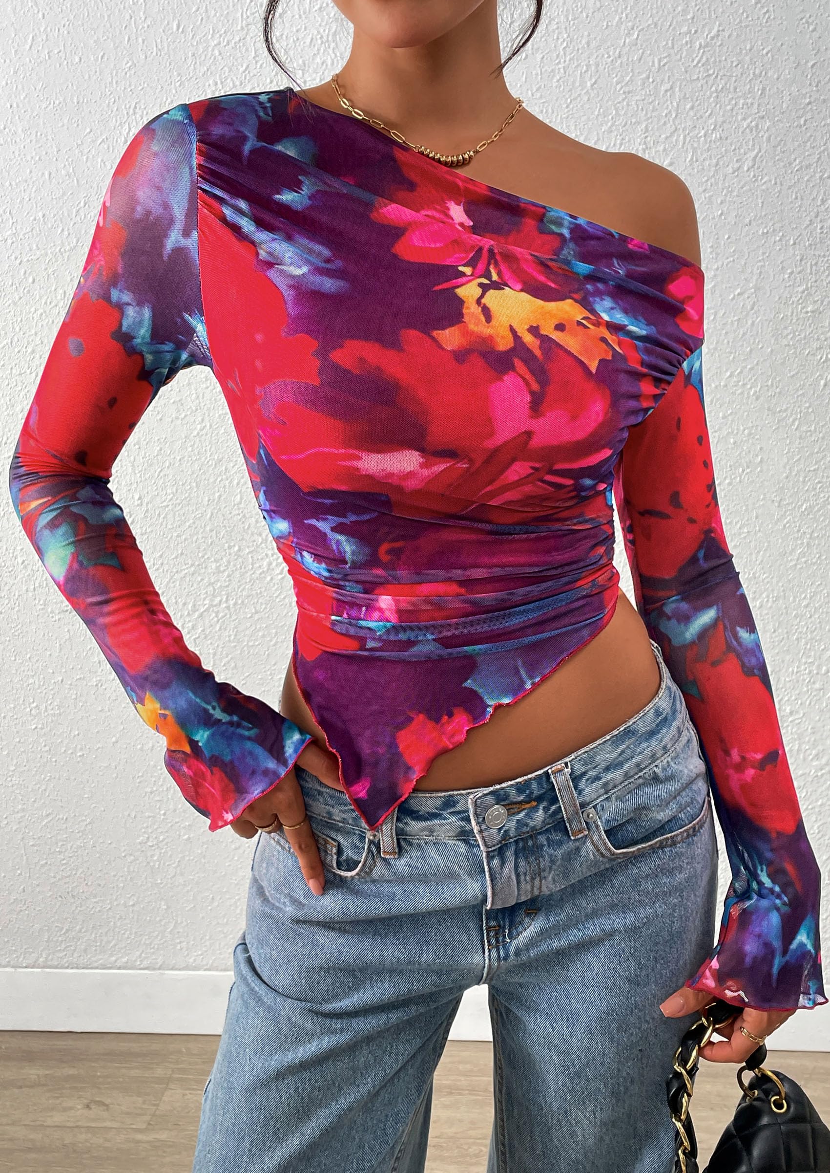 PRETTYGARDEN Womens Fall Trendy Off Shoulder Tops Tie Dye Mesh Long Sleeve Shirts Asymmetrical Ruched Floral Blouse