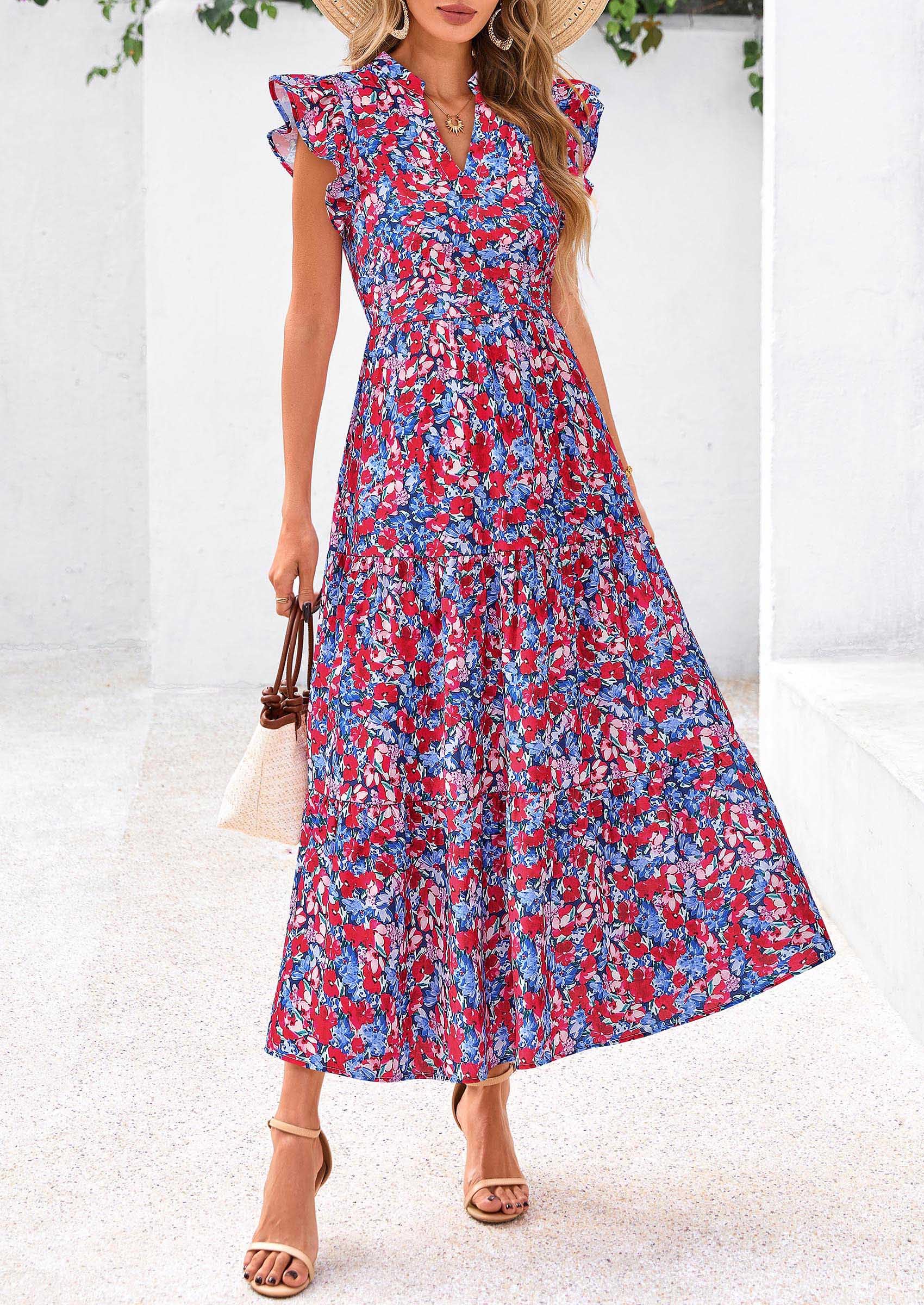 PRETTYGARDEN Women's Summer Floral Midi Dress Cap Sleeve V Neck Ruffle Long Flowy Boho Casual Beach Vacation Dresses