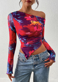 PRETTYGARDEN Womens Fall Trendy Off Shoulder Tops Tie Dye Mesh Long Sleeve Shirts Asymmetrical Ruched Floral Blouse
