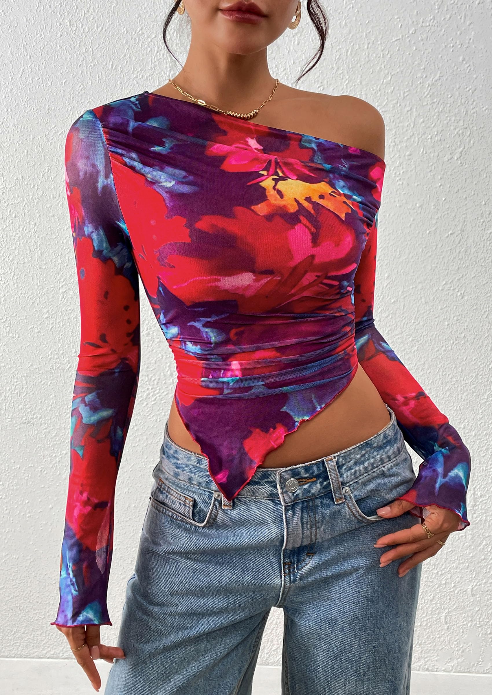 PRETTYGARDEN Womens Fall Trendy Off Shoulder Tops Tie Dye Mesh Long Sleeve Shirts Asymmetrical Ruched Floral Blouse