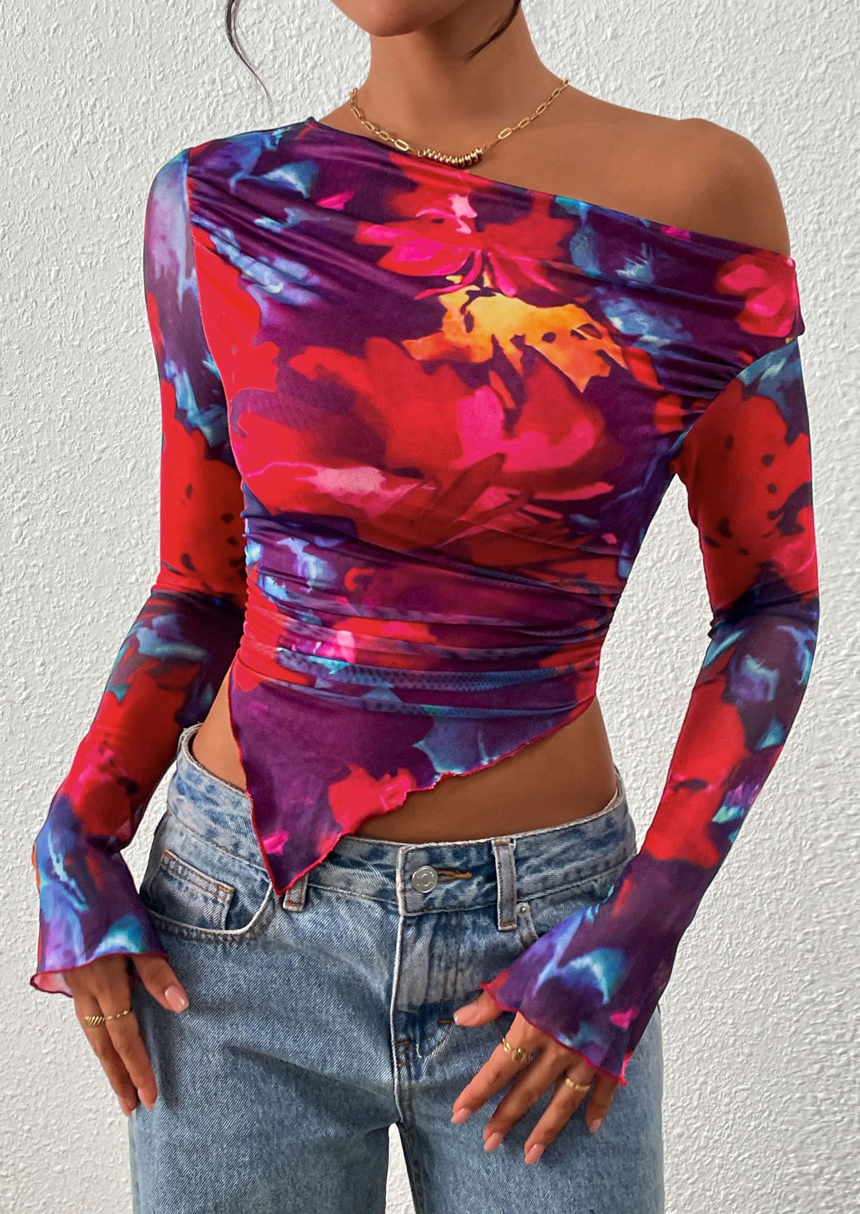 PRETTYGARDEN Womens Fall Trendy Off Shoulder Tops Tie Dye Mesh Long Sleeve Shirts Asymmetrical Ruched Floral Blouse