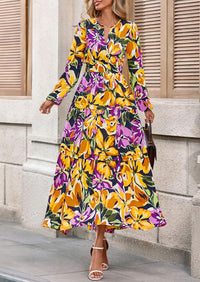 PRETTYGARDEN Women's Fall Boho Maxi Dresses Floral Long Sleeve V Neck Flowy Elegant Wedding Guest Dress Vacation Outfits