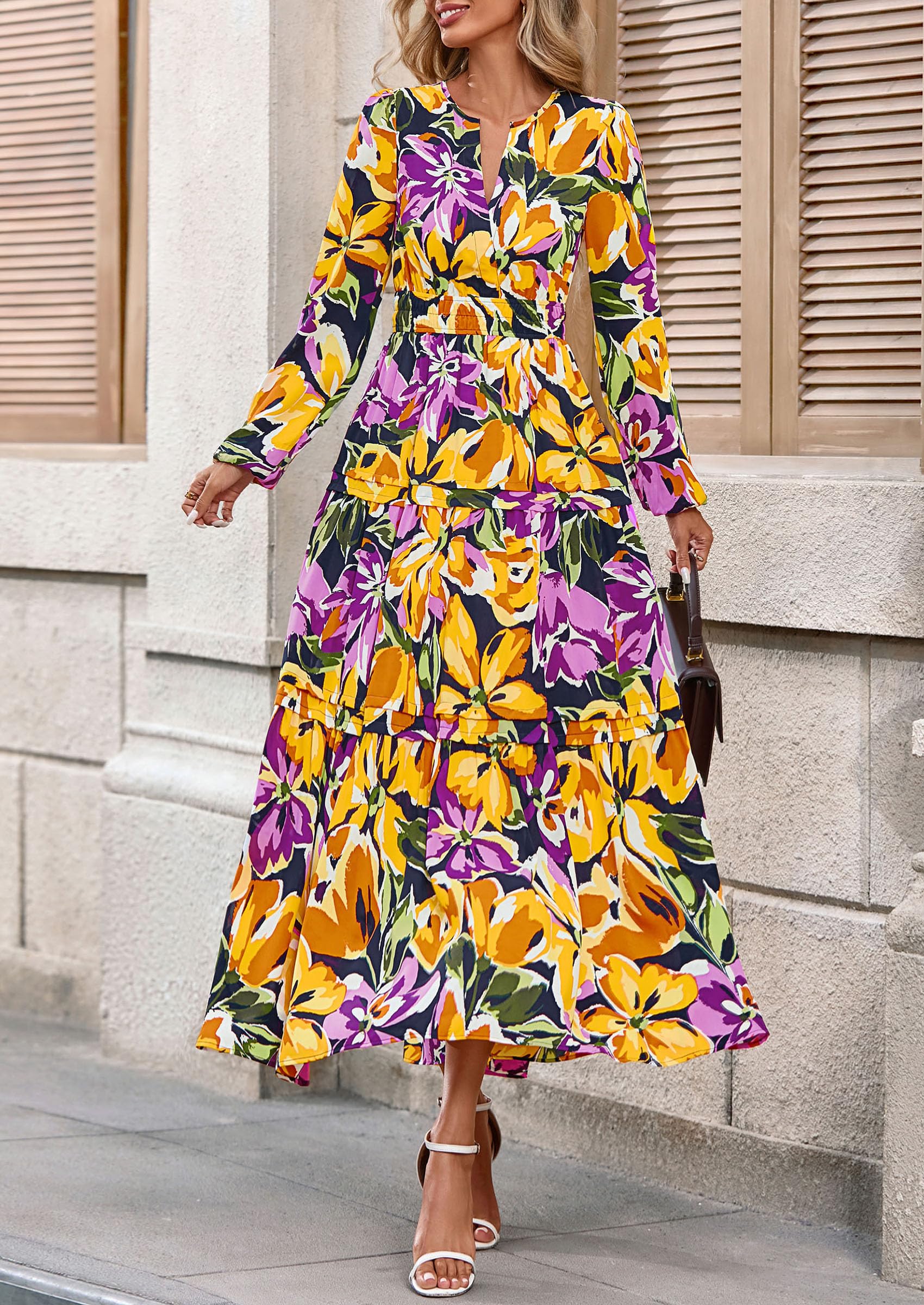 PRETTYGARDEN Women's Fall Boho Maxi Dresses Floral Long Sleeve V Neck Flowy Elegant Wedding Guest Dress Vacation Outfits