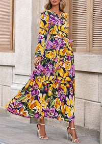 PRETTYGARDEN Women's Fall Boho Maxi Dresses Floral Long Sleeve V Neck Flowy Elegant Wedding Guest Dress Vacation Outfits