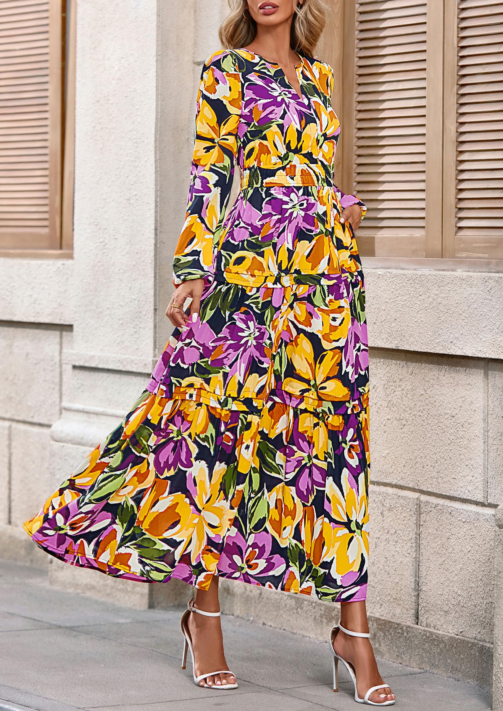 PRETTYGARDEN Women's Fall Boho Maxi Dresses Floral Long Sleeve V Neck Flowy Elegant Wedding Guest Dress Vacation Outfits