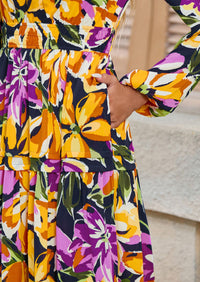 PRETTYGARDEN Women's Fall Boho Maxi Dresses Floral Long Sleeve V Neck Flowy Elegant Wedding Guest Dress Vacation Outfits