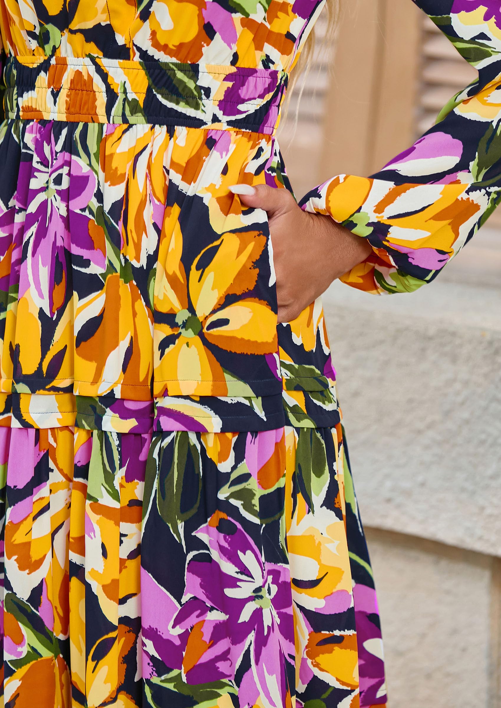 PRETTYGARDEN Women's Fall Boho Maxi Dresses Floral Long Sleeve V Neck Flowy Elegant Wedding Guest Dress Vacation Outfits