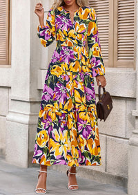 PRETTYGARDEN Women's Fall Boho Maxi Dresses Floral Long Sleeve V Neck Flowy Elegant Wedding Guest Dress Vacation Outfits