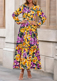 PRETTYGARDEN Women's Fall Boho Maxi Dresses Floral Long Sleeve V Neck Flowy Elegant Wedding Guest Dress Vacation Outfits