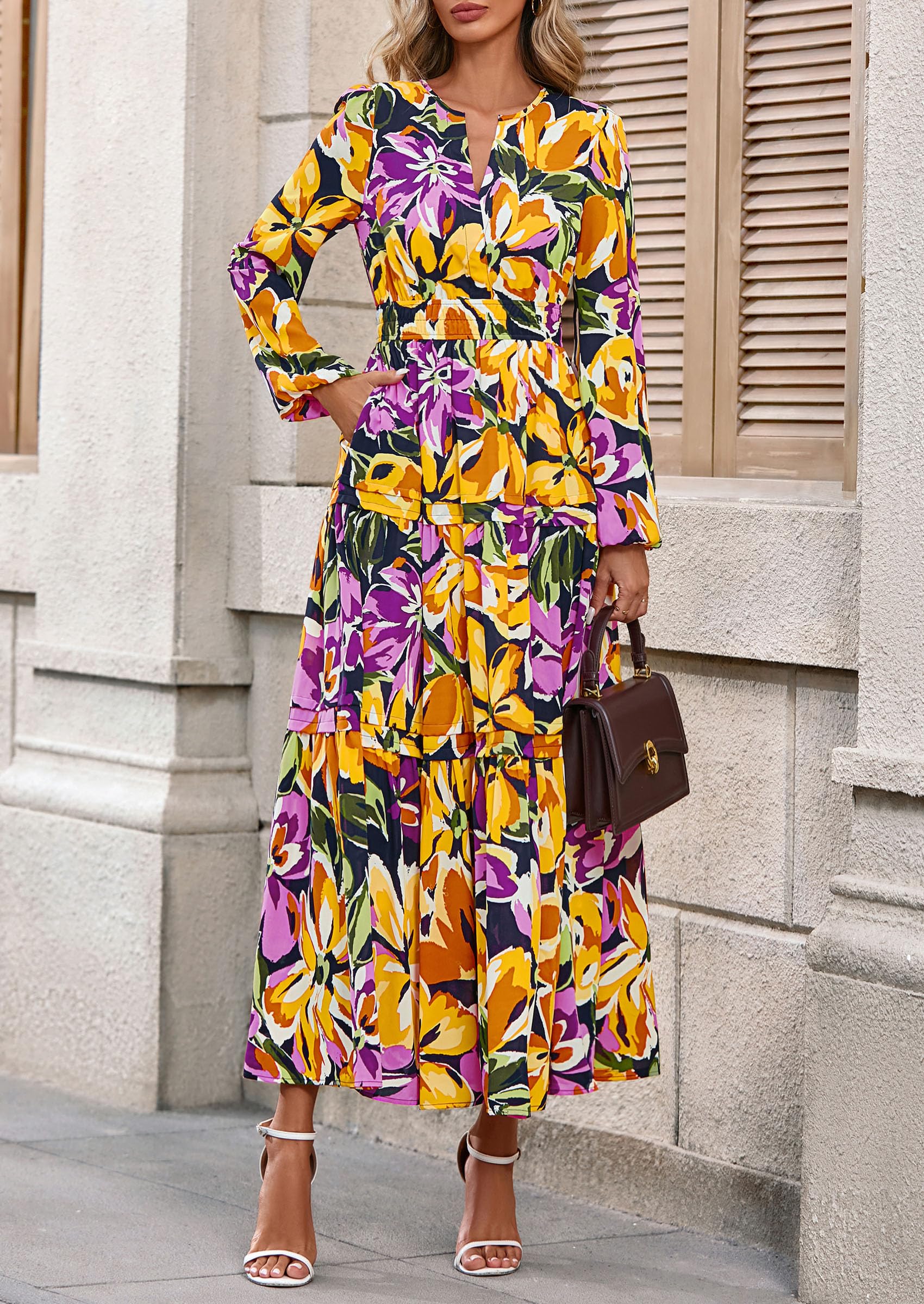 PRETTYGARDEN Women's Fall Boho Maxi Dresses Floral Long Sleeve V Neck Flowy Elegant Wedding Guest Dress Vacation Outfits