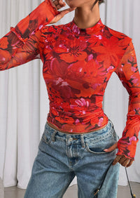 PRETTYGARDEN Womens Fall Mesh Floral Blouses Long Sleeve Going Out Tops Slim Fitted Shirts Date Night Outfits