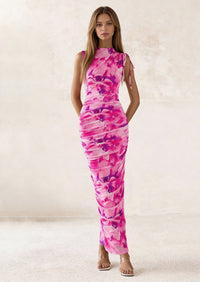 PRETTYGARDEN Women's Summer Maxi Floral Dresses Ruched Bodycon Sleeveless Mesh Formal Wedding Guest Cocktail Split Long Dress PRETTYGARDEN