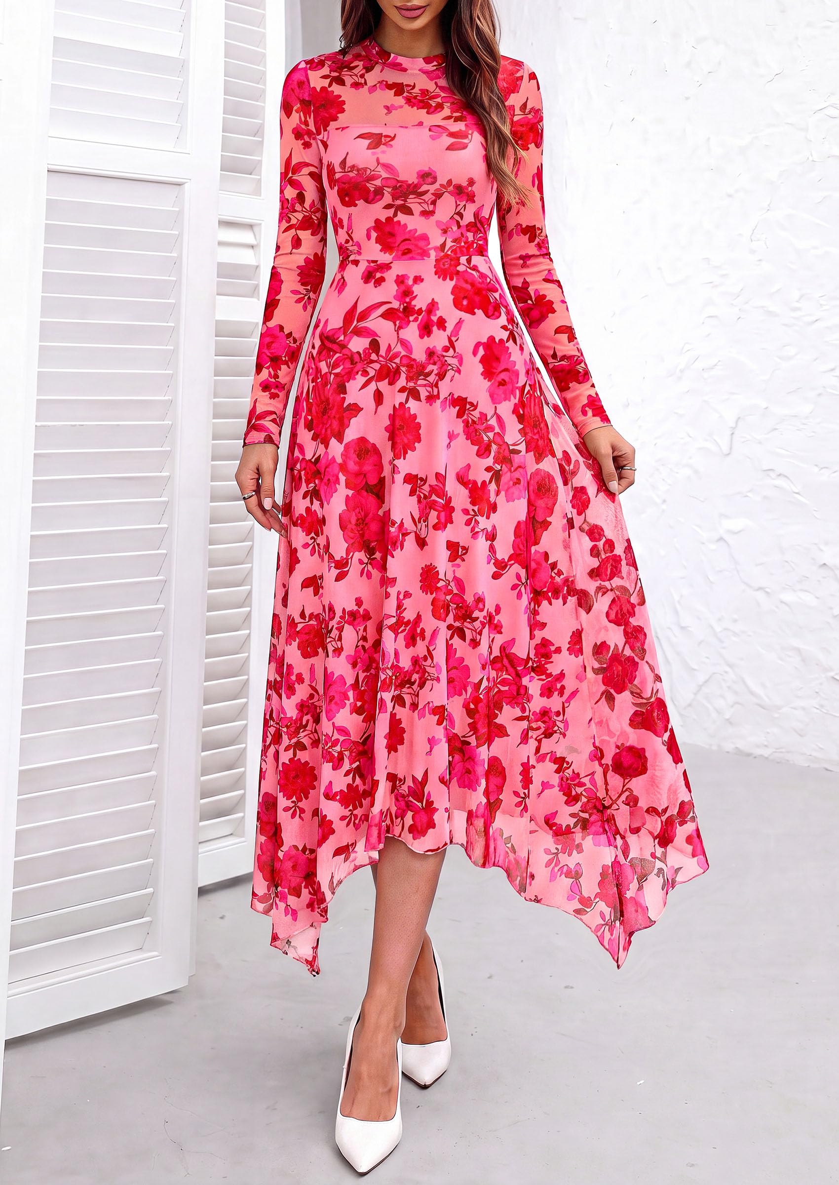 PRETTYGARDEN Women's Floral Mesh Midi Dress | Fall Wedding Guest Dresses, Sheer Long Sleeve, Mock Neck, A-line, Fit & Flare, Cocktail Holiday Party, Date Night Outfits