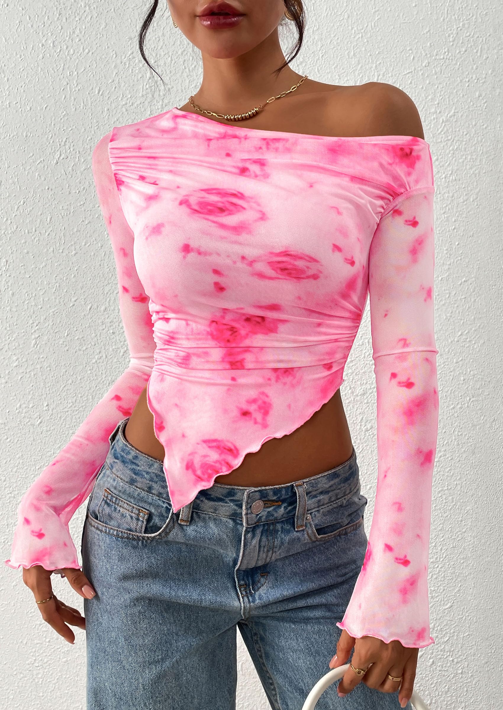 PRETTYGARDEN Womens Fall Trendy Off Shoulder Tops Tie Dye Mesh Long Sleeve Shirts Asymmetrical Ruched Floral Blouse