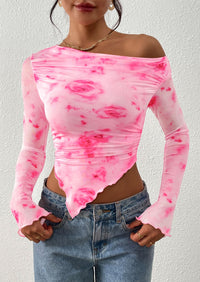 PRETTYGARDEN Womens Fall Trendy Off Shoulder Tops Tie Dye Mesh Long Sleeve Shirts Asymmetrical Ruched Floral Blouse
