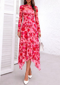 PRETTYGARDEN Women's Floral Mesh Midi Dress | Fall Wedding Guest Dresses, Sheer Long Sleeve, Mock Neck, A-line, Fit & Flare, Cocktail Holiday Party, Date Night Outfits