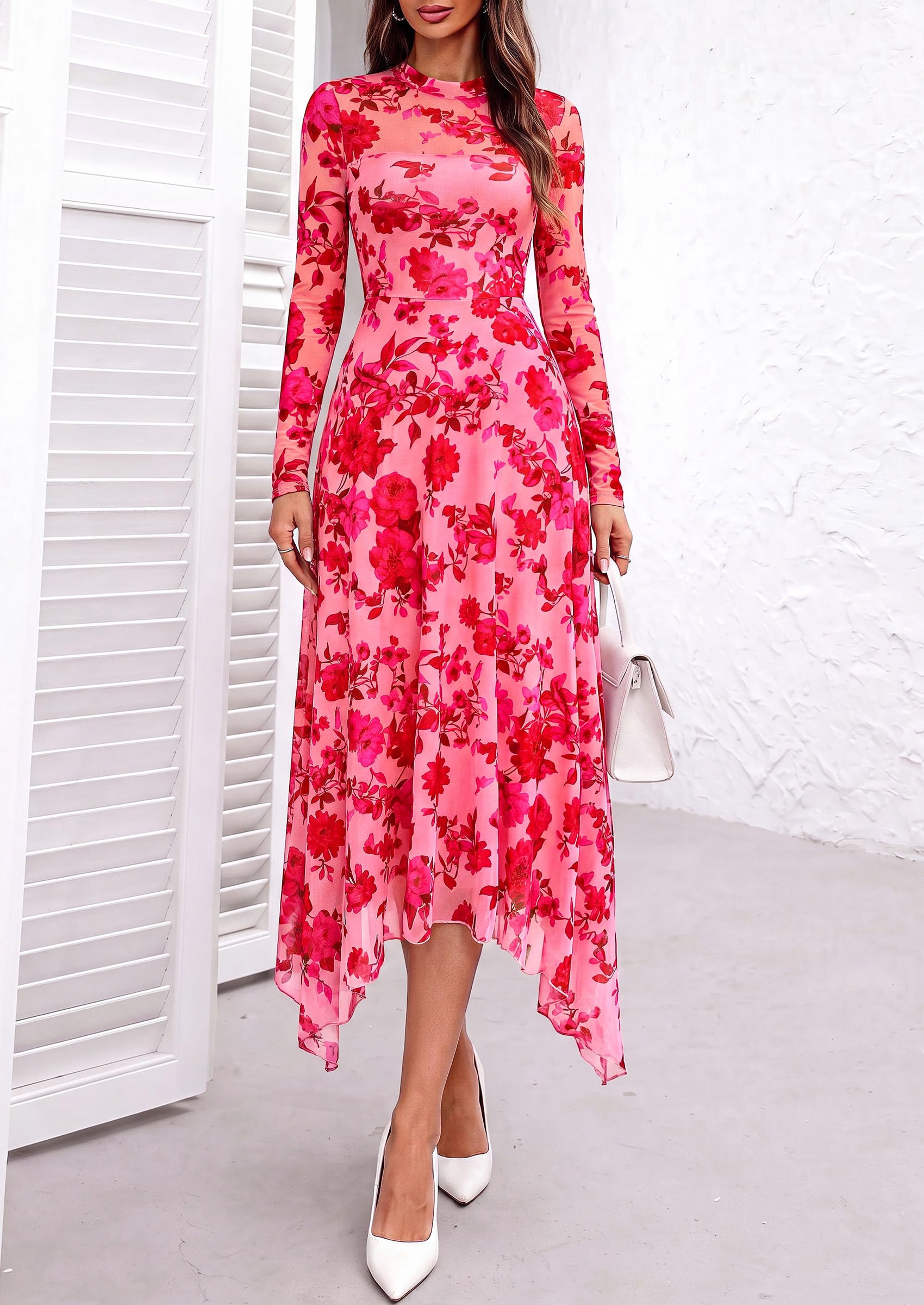 PRETTYGARDEN Women's Floral Mesh Midi Dress | Fall Wedding Guest Dresses, Sheer Long Sleeve, Mock Neck, A-line, Fit & Flare, Cocktail Holiday Party, Date Night Outfits